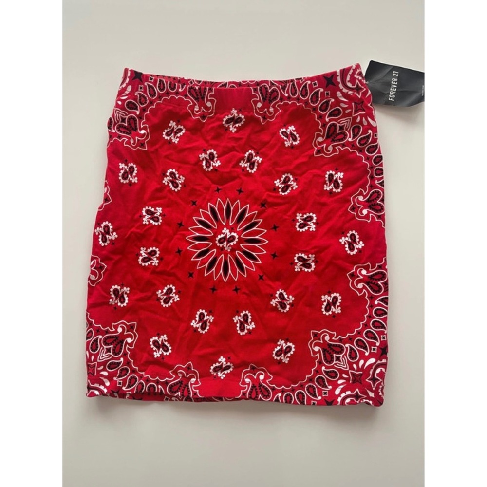 Forever 21 Red Bandana Paisley Print Mini Skirt Bodycon Stretchy Knit NWT